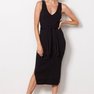 Good American black ribbed knit tie waist midi  dress